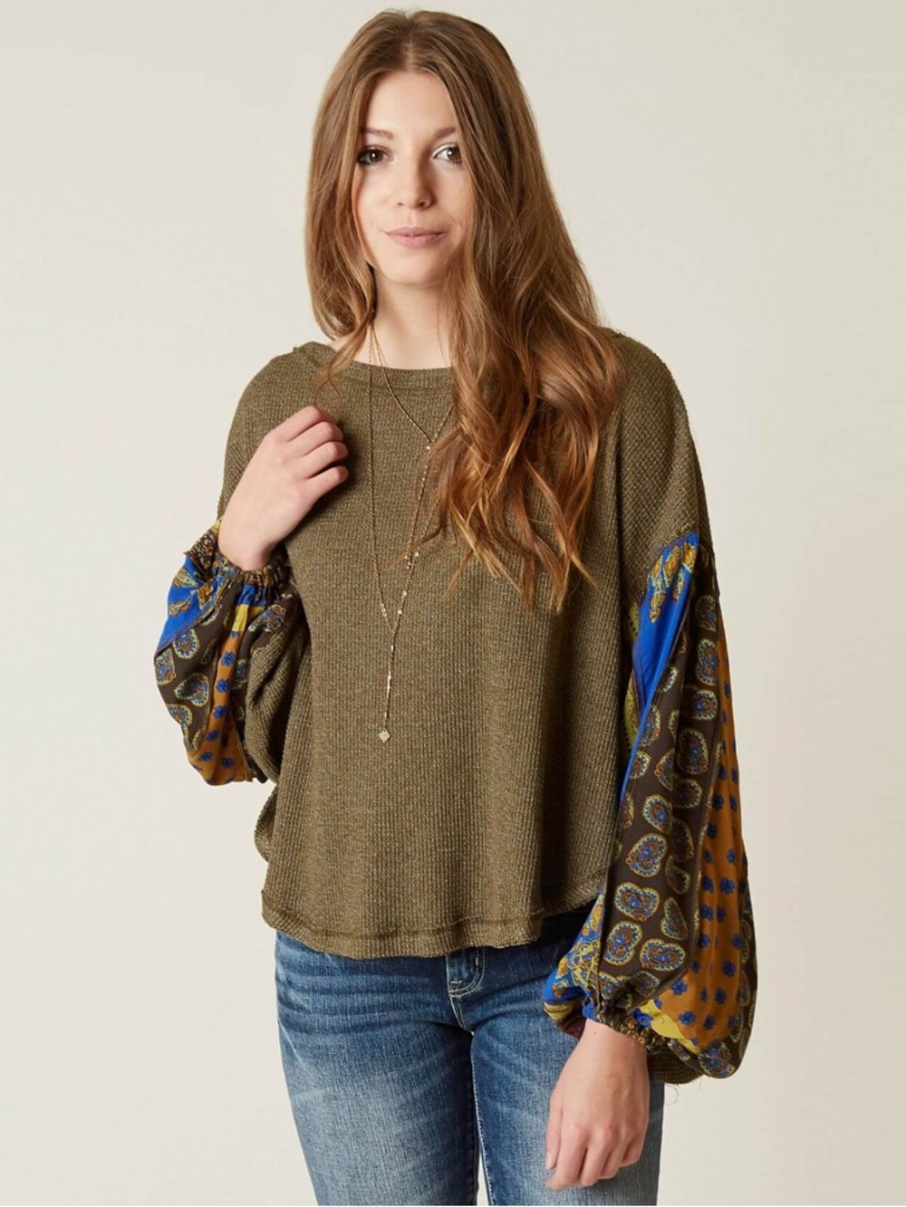 We The Free Knit Sweatshirt with Blue Patterned Sleeve Panels